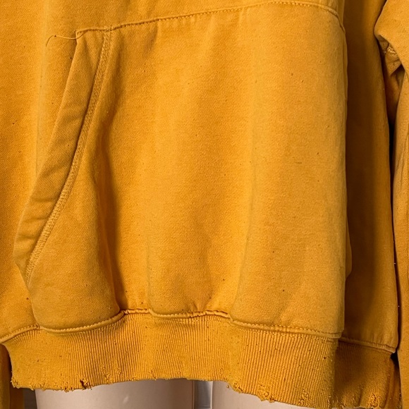 LF Mustard Yellow Distressed Cold Shoulder Shoulderless Hooded Sweatshirt Small - Picture 16 of 16
